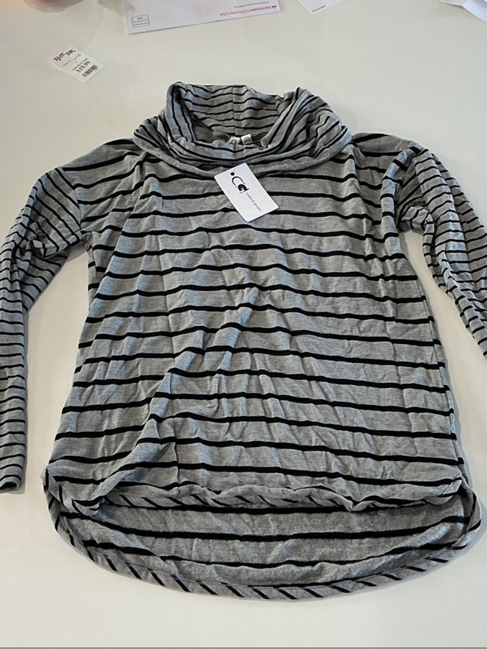 Cable & Gauge Gray and Black Striped Long-Sleeve Cowl Neck Top